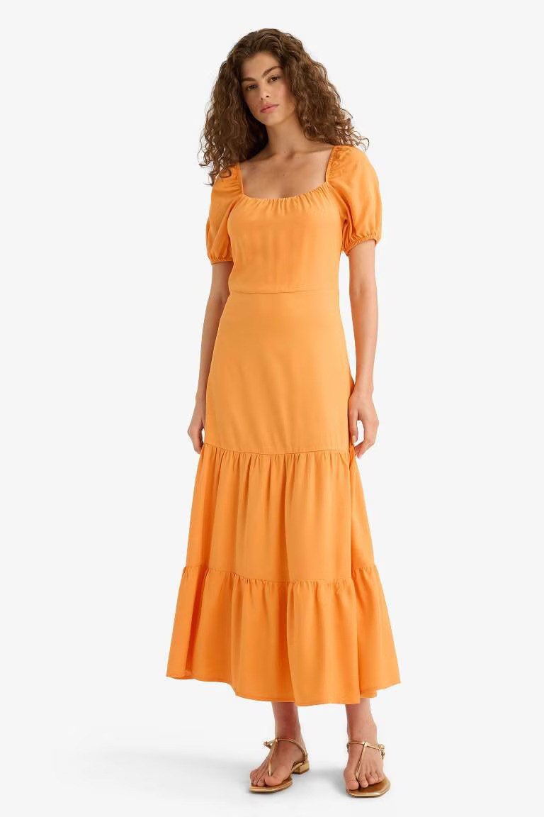 V-Neck Short Sleeve Midi Dress